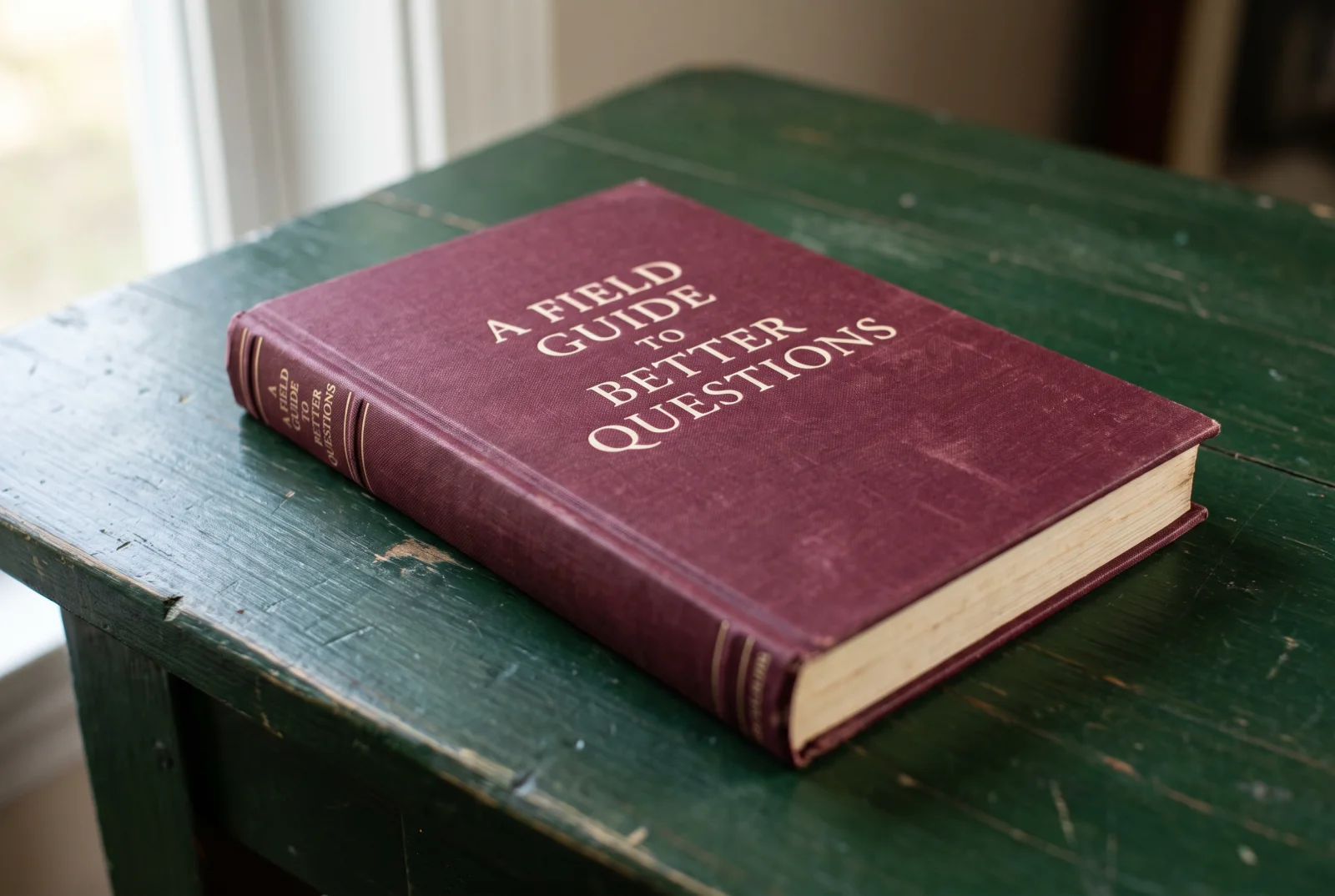 Burgundy cloth cover for A Field Guide to Better Questions, an unpublished book concept