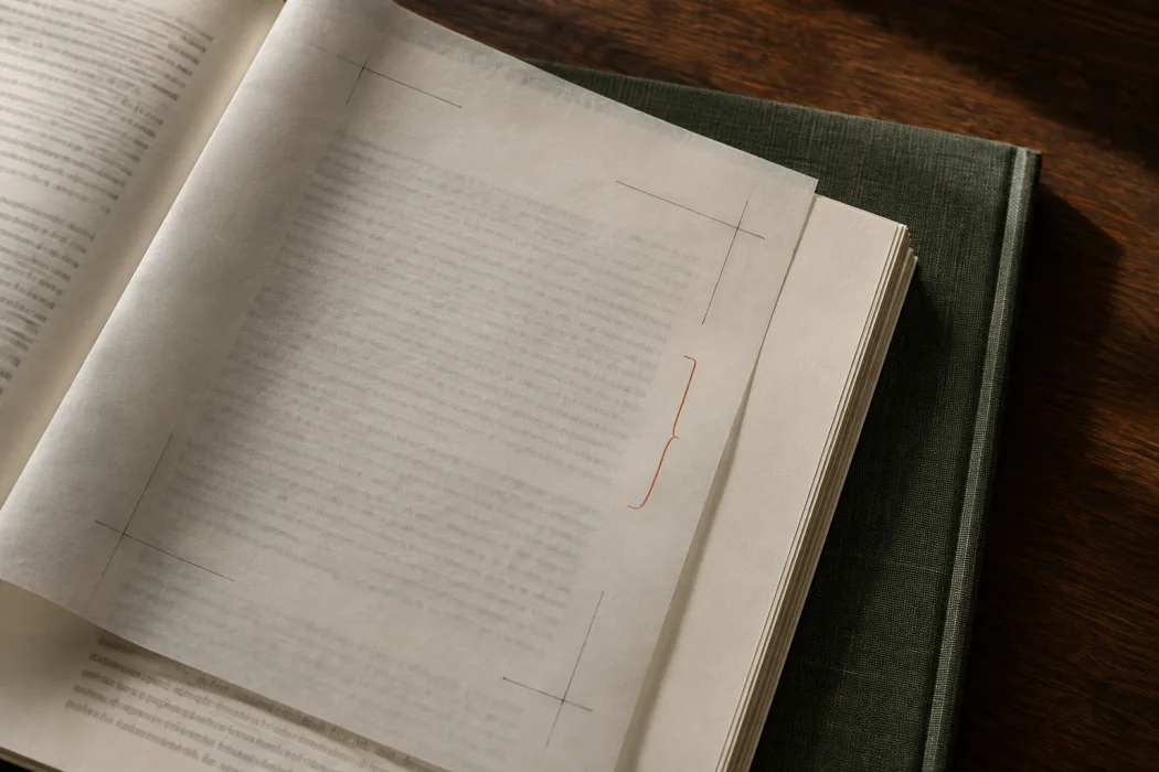 Illustrative manuscript proof and tracing-paper notes on a linen-bound book